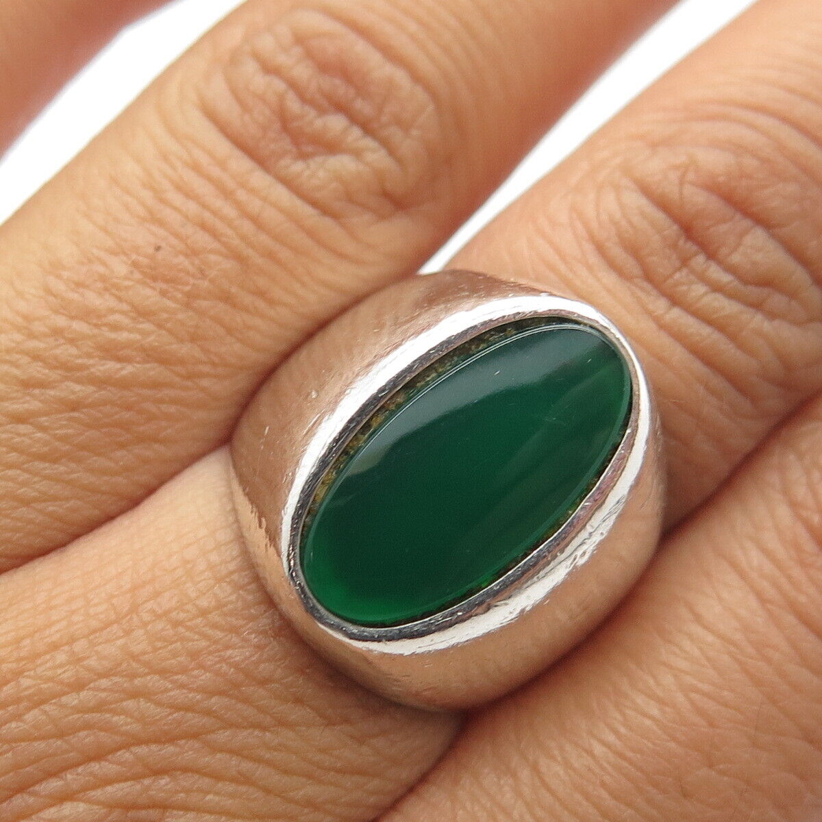 925 Sterling Silver Vintage Real Green Onyx Gemstone Ring Size 7