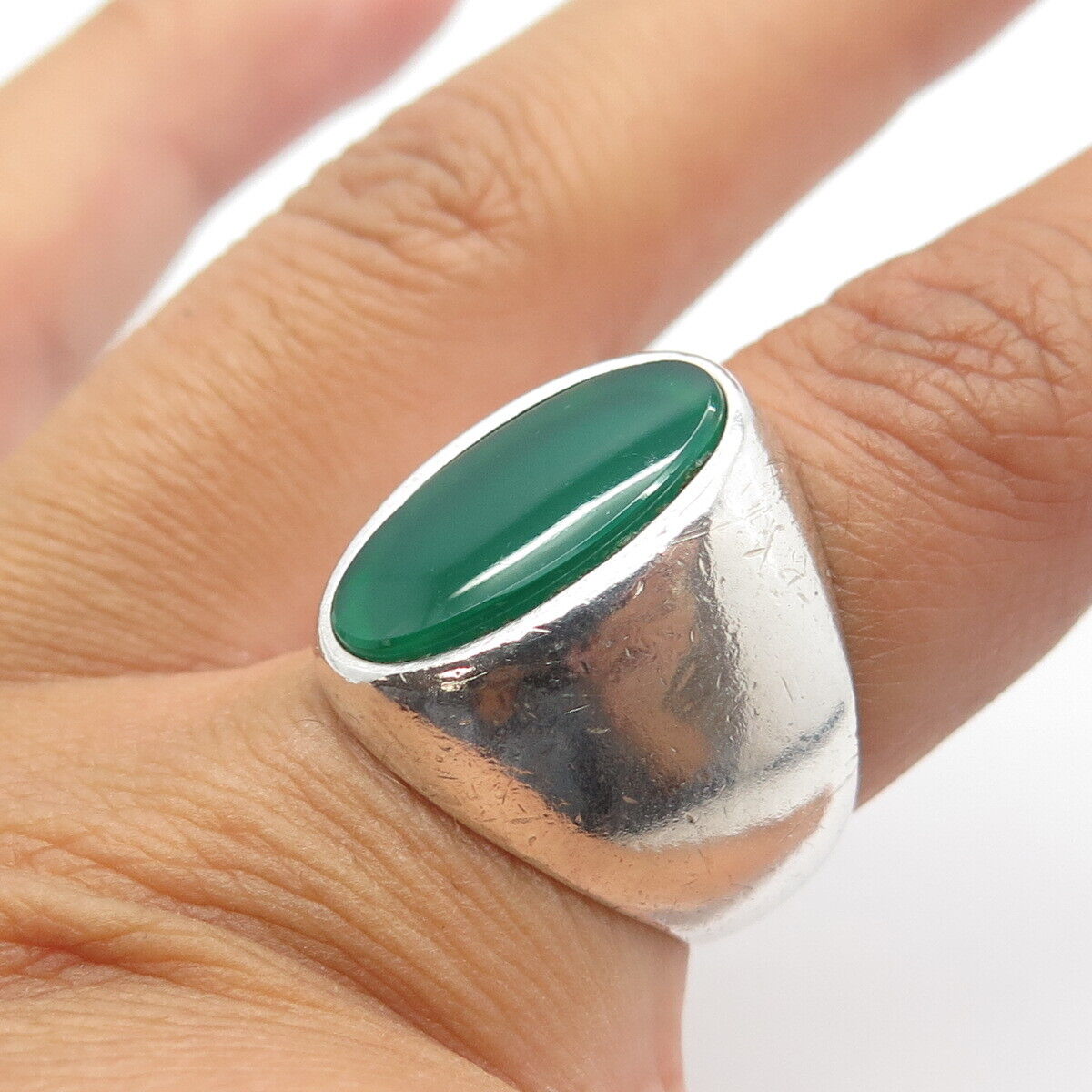 925 Sterling Silver Vintage Real Green Onyx Gemstone Ring Size 7