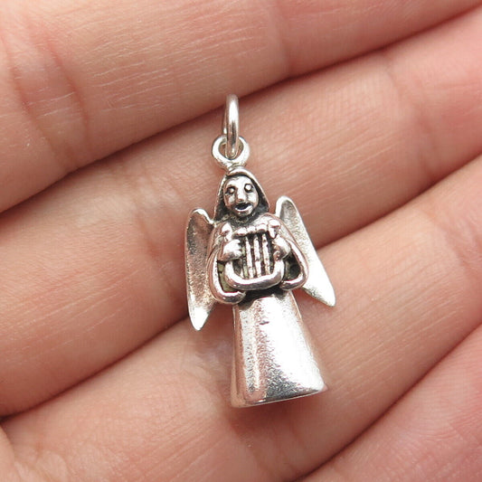 925 Sterling Silver Vintage Angel w/Lyre 3D Pendant