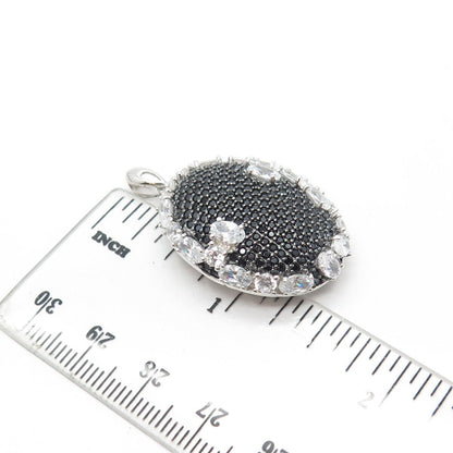 925 Sterling Silver Real Black Spinel Gemstone & C Z Oval Pendant