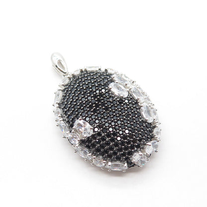 925 Sterling Silver Real Black Spinel Gemstone & C Z Oval Pendant