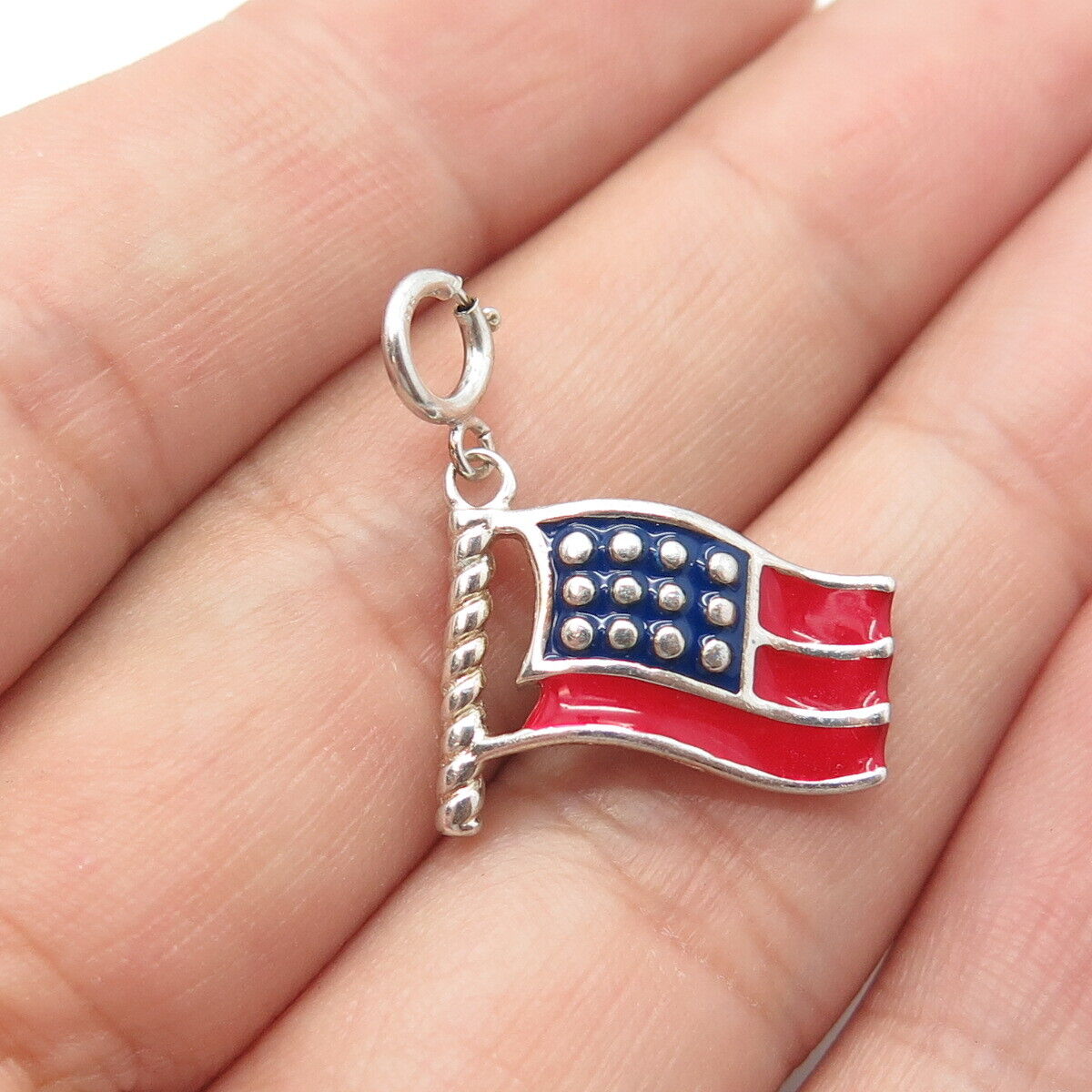 925 Sterling Silver Vintage Red & Blue Enamel Wavy US Flag Charm Pendant