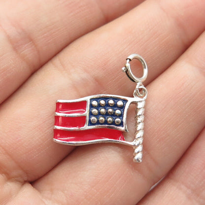 925 Sterling Silver Vintage Red & Blue Enamel Wavy US Flag Charm Pendant