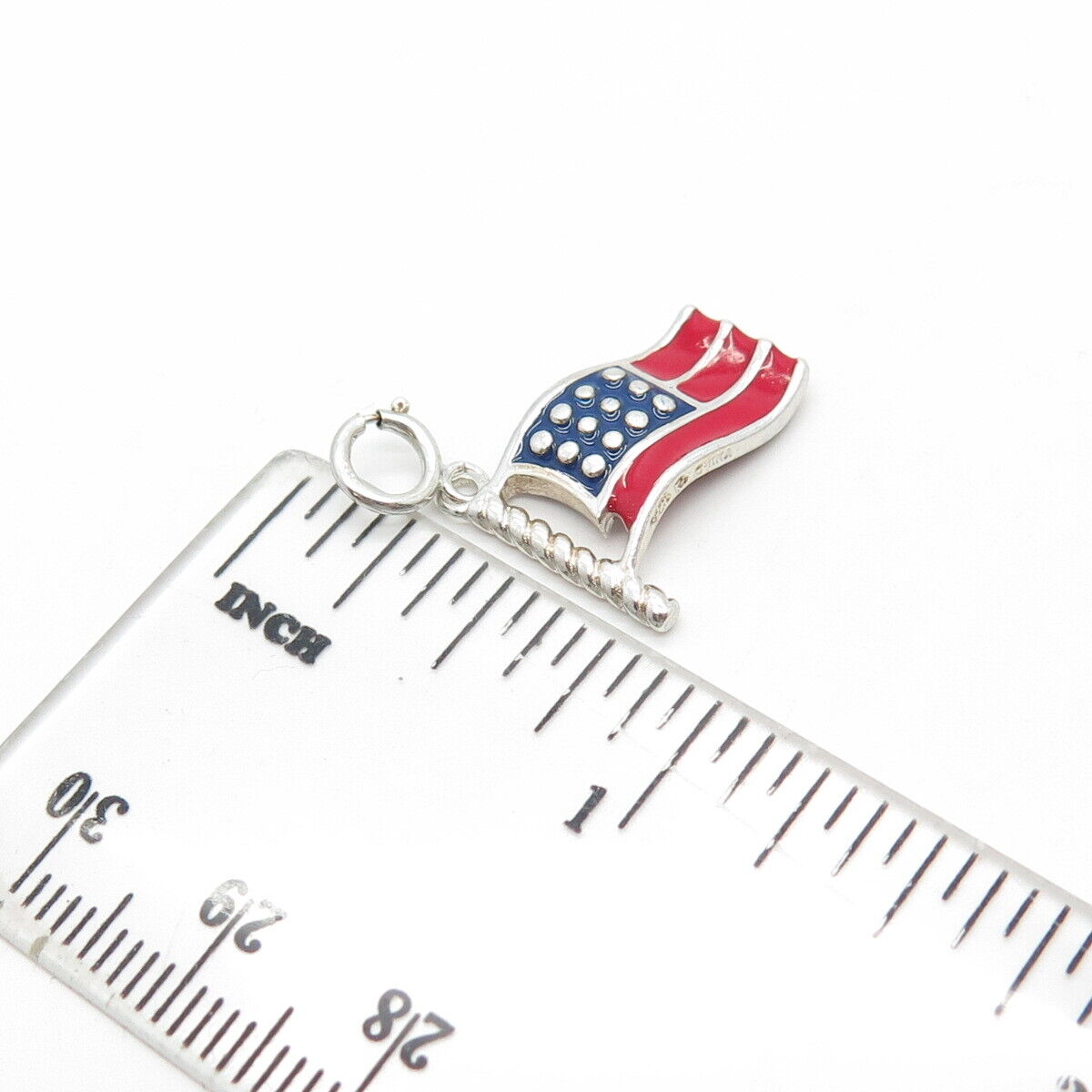 925 Sterling Silver Vintage Red & Blue Enamel Wavy US Flag Charm Pendant