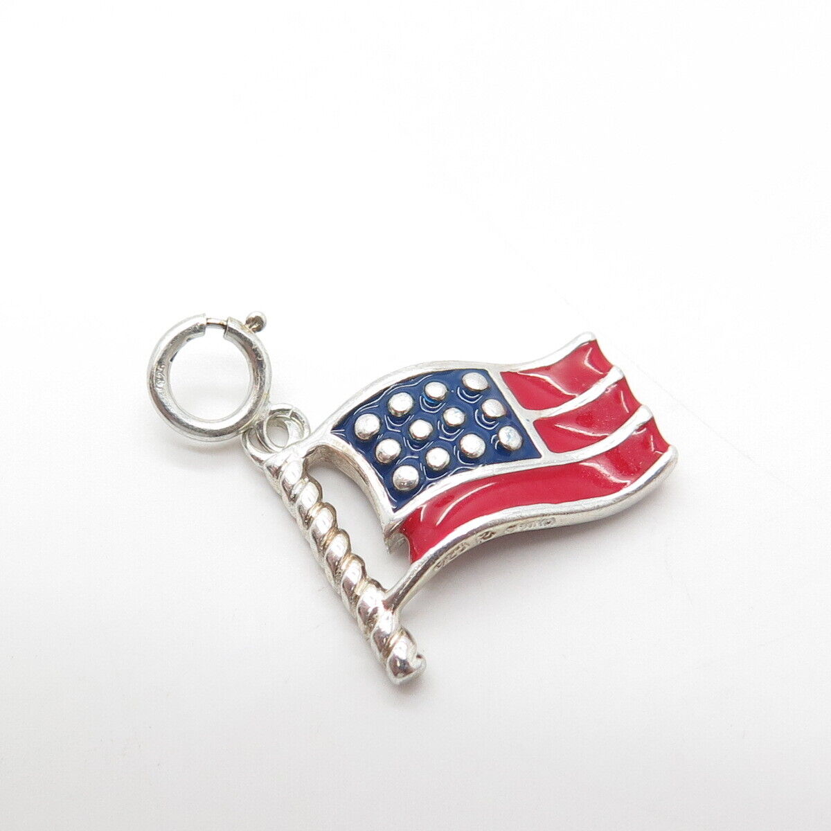 925 Sterling Silver Vintage Red & Blue Enamel Wavy US Flag Charm Pendant