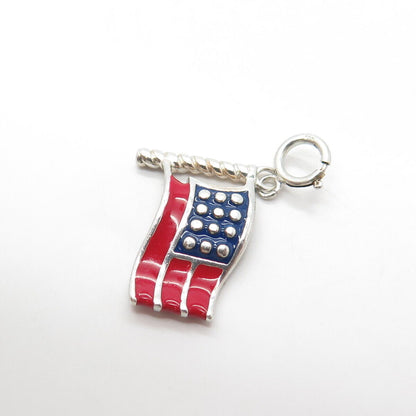 925 Sterling Silver Vintage Red & Blue Enamel Wavy US Flag Charm Pendant