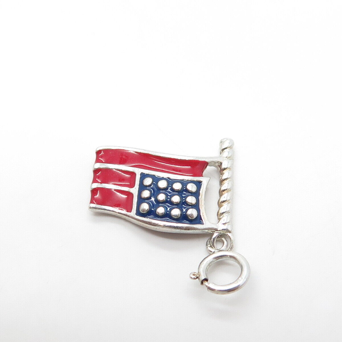 925 Sterling Silver Vintage Red & Blue Enamel Wavy US Flag Charm Pendant