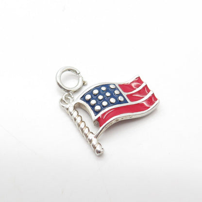 925 Sterling Silver Vintage Red & Blue Enamel Wavy US Flag Charm Pendant