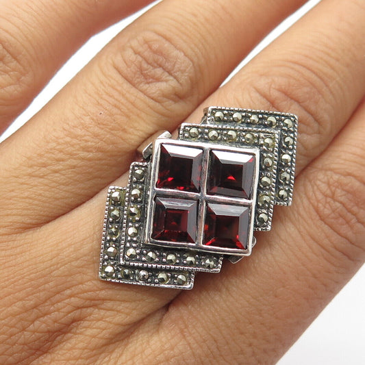 925 Sterling Silver Vintage Red Garnet Marcasite Arrow Statement Ring Size 7.25