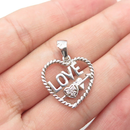 925 Sterling Silver White C Z Love Arrow Roped Heart Open Pendant