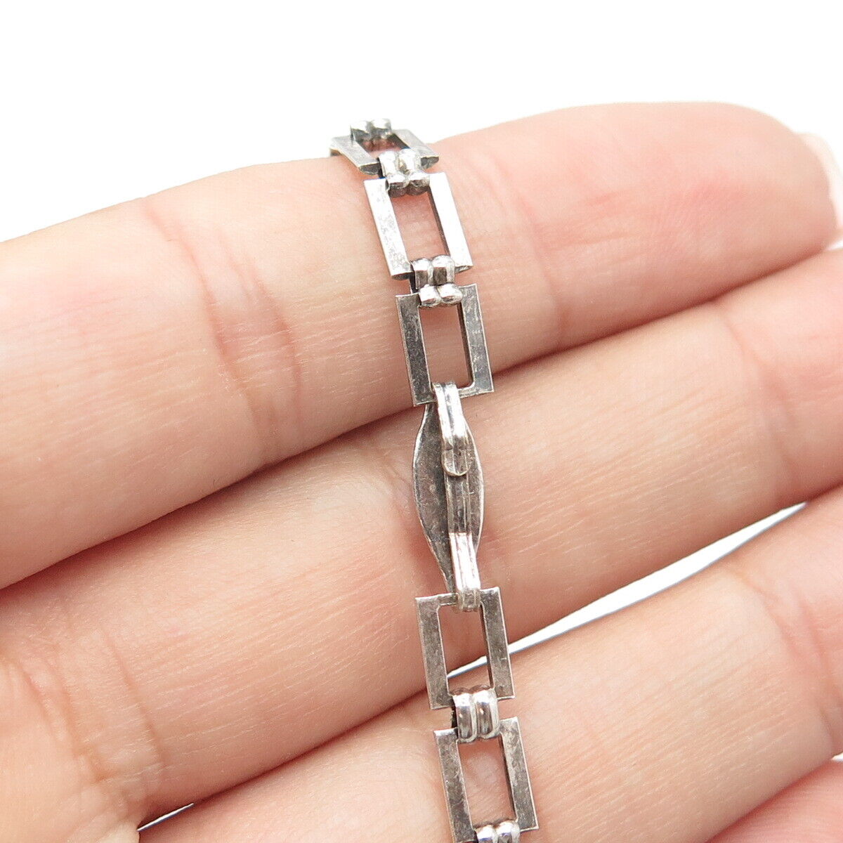 925 Sterling Silver Antique Art Deco Four Leaf Clover Panel Link Bracelet 6.75"