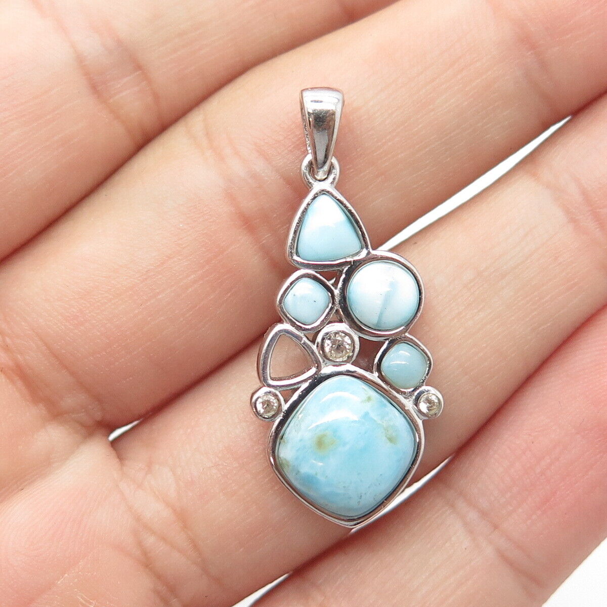 925 Sterling Silver Vintage Real Cabochon Larimar & White Topaz Gem Pendant