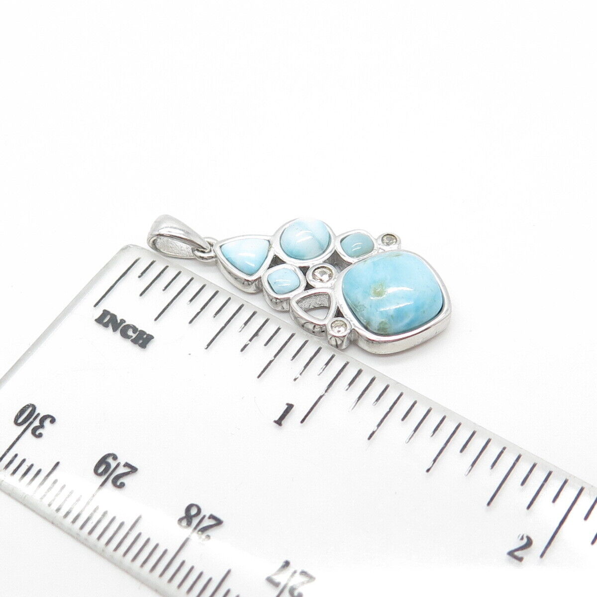 925 Sterling Silver Vintage Real Cabochon Larimar & White Topaz Gem Pendant