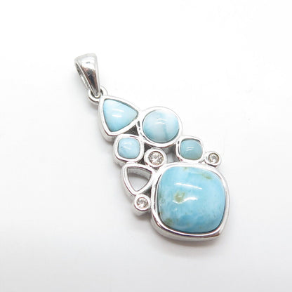 925 Sterling Silver Vintage Real Cabochon Larimar & White Topaz Gem Pendant