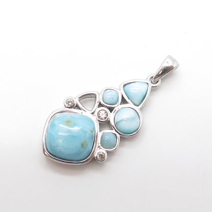 925 Sterling Silver Vintage Real Cabochon Larimar & White Topaz Gem Pendant