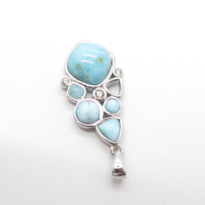 925 Sterling Silver Vintage Real Cabochon Larimar & White Topaz Gem Pendant