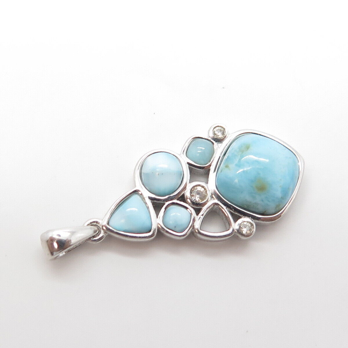 925 Sterling Silver Vintage Real Cabochon Larimar & White Topaz Gem Pendant