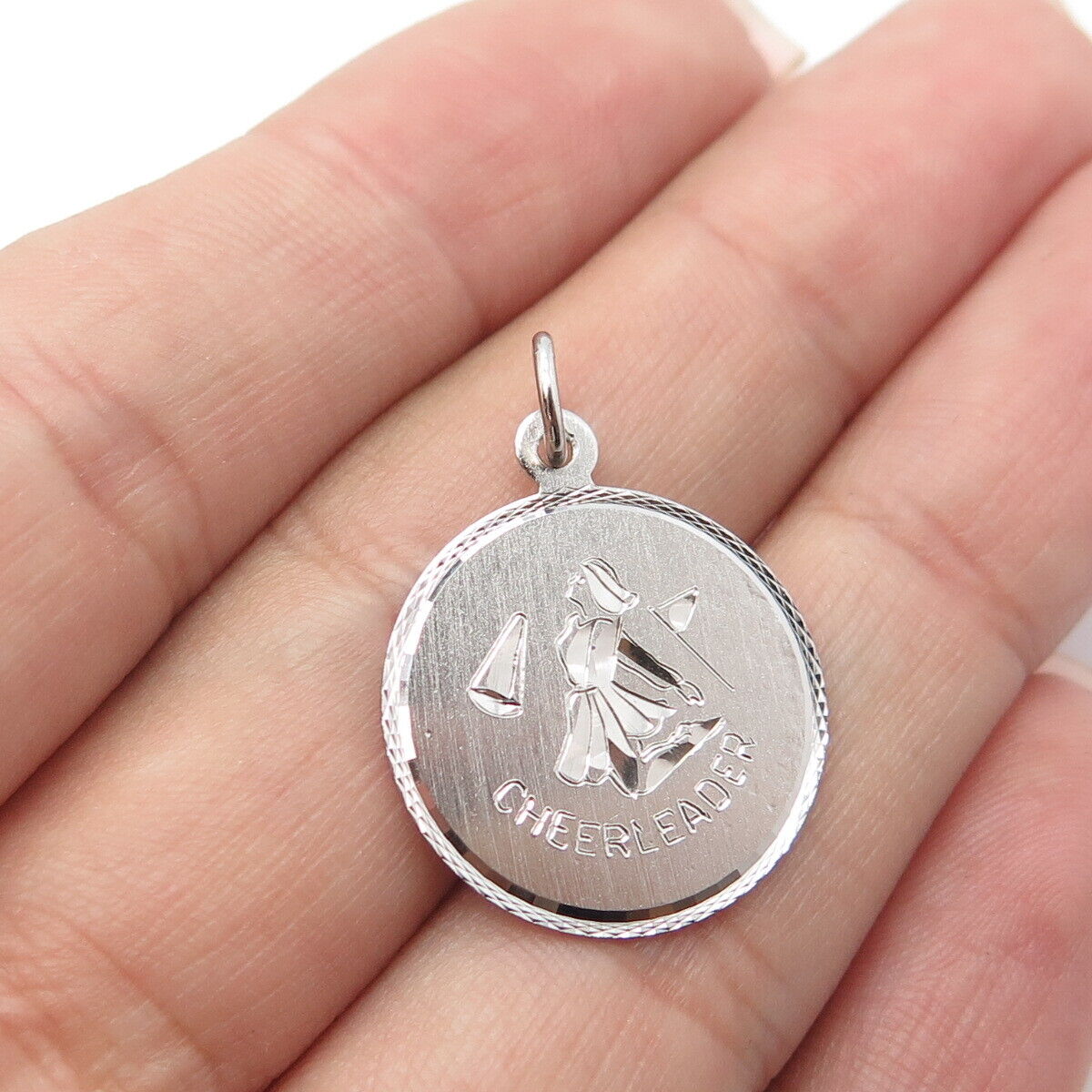 925 Sterling Silver Vintage Cheerleader Support Team Round Medal Pendant