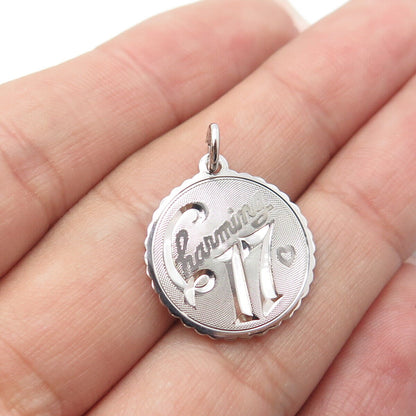 925 Sterling Silver Vintage Charming 17 Heart Round Medal Charm Pendant