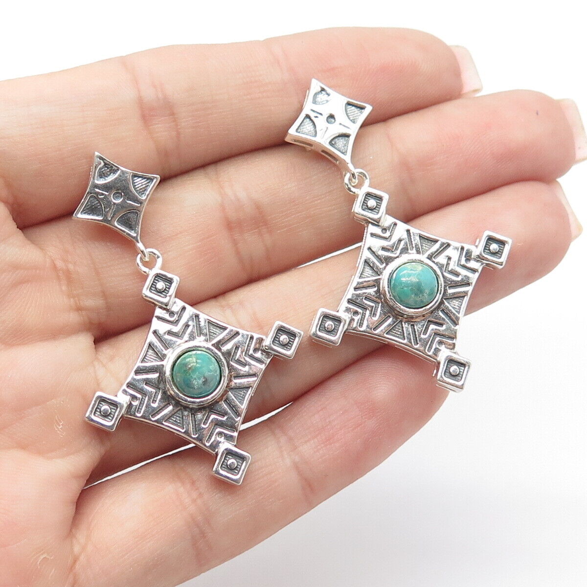 925 Sterling Silver Vintage Real Turquoise Scroll Cross Dangle Drop Earrings