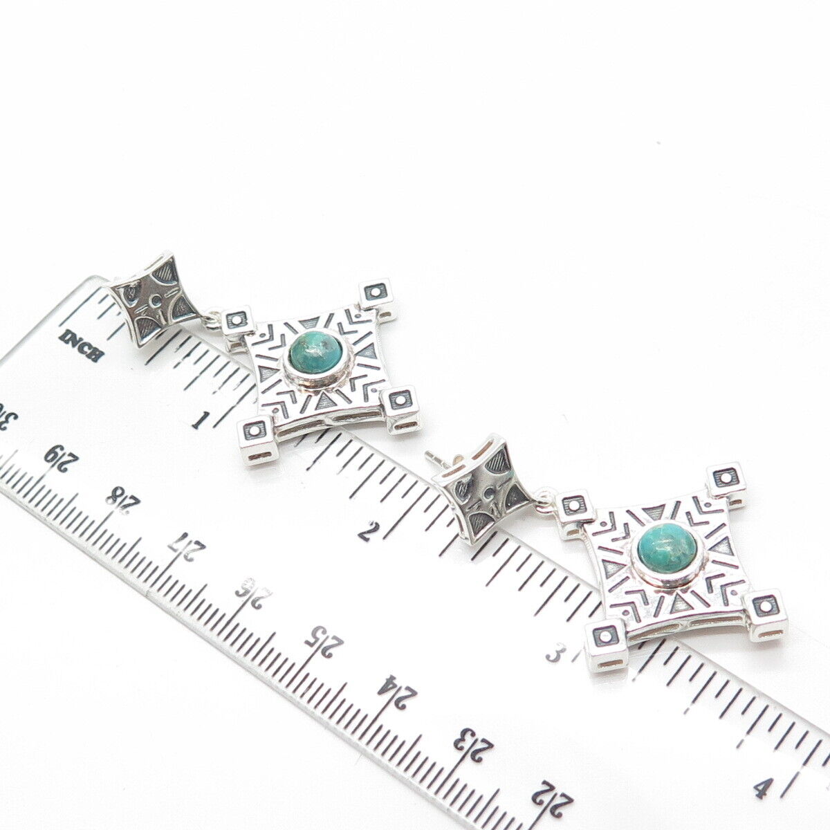 925 Sterling Silver Vintage Real Turquoise Scroll Cross Dangle Drop Earrings