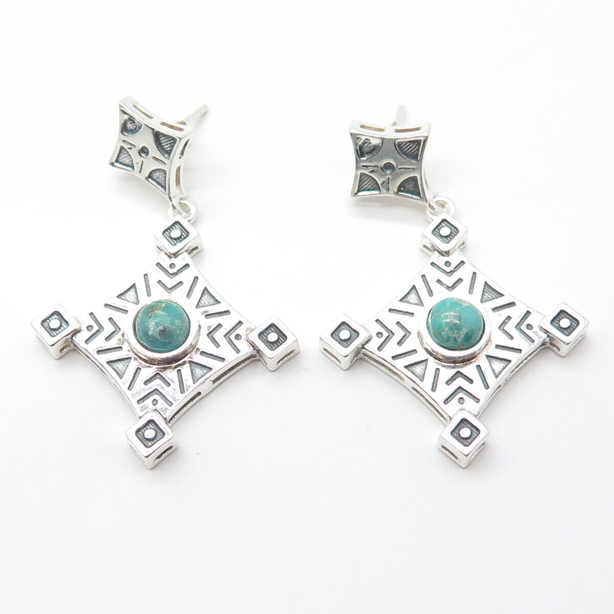 925 Sterling Silver Vintage Real Turquoise Scroll Cross Dangle Drop Earrings