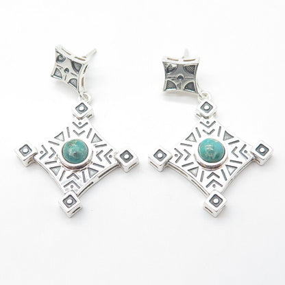 925 Sterling Silver Vintage Real Turquoise Scroll Cross Dangle Drop Earrings