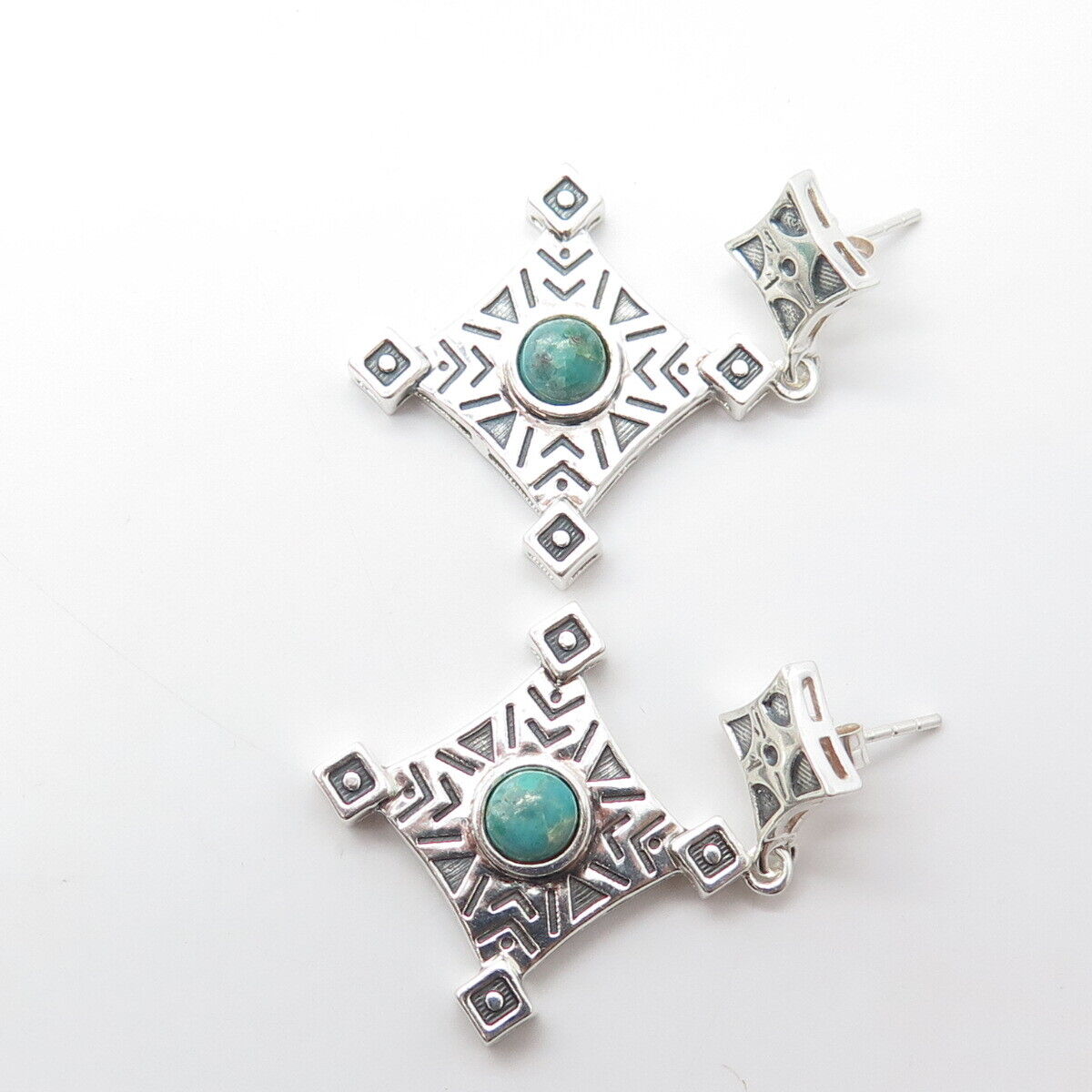 925 Sterling Silver Vintage Real Turquoise Scroll Cross Dangle Drop Earrings