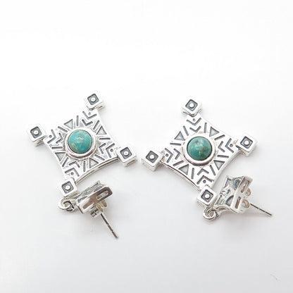 925 Sterling Silver Vintage Real Turquoise Scroll Cross Dangle Drop Earrings