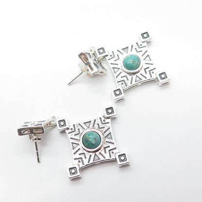 925 Sterling Silver Vintage Real Turquoise Scroll Cross Dangle Drop Earrings