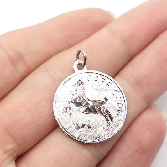 925 Sterling Silver Vintage Capricorn Zodiac Sign Round Medal Pendant