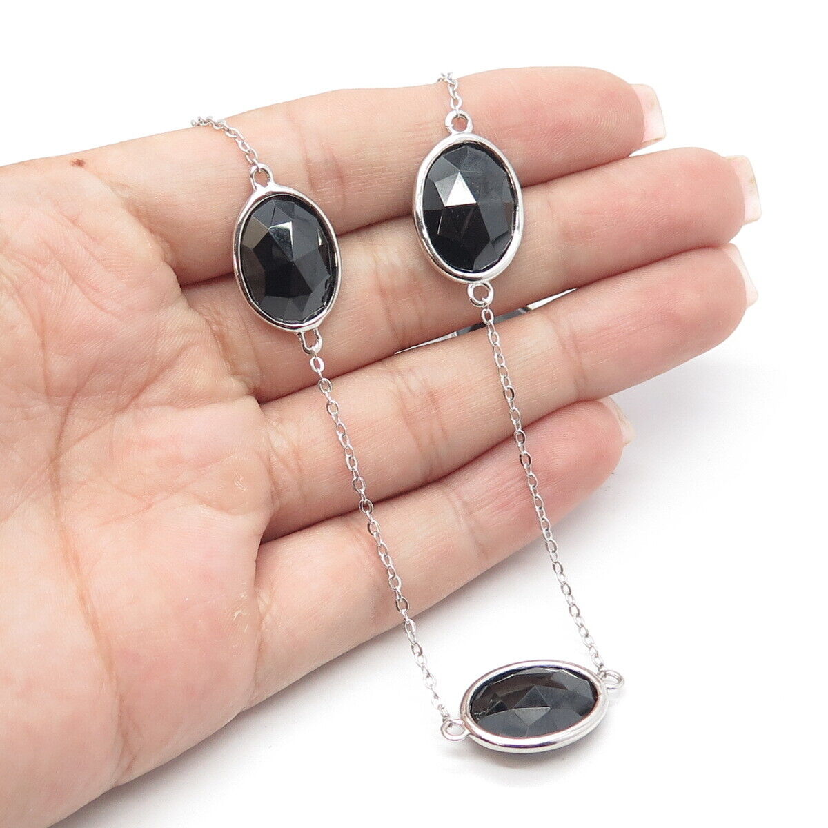 925 Sterling Silver Real Oval-Cut Black Spinel Flat Cable Chain Necklace 20"