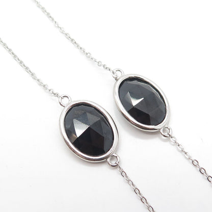 925 Sterling Silver Real Oval-Cut Black Spinel Flat Cable Chain Necklace 20"