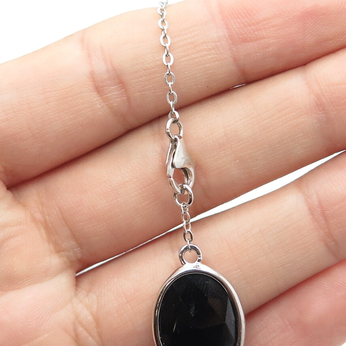 925 Sterling Silver Real Oval-Cut Black Spinel Flat Cable Chain Necklace 20"