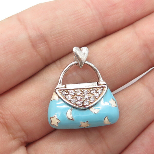 925 Sterling Silver C Z Enamel Star Crescent Moon Dreams Openable Purse Pendant