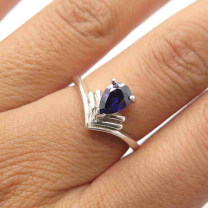 925 Sterling Silver Vintage Real Pear-Cut Amethyst Gem Arrow Ring Size 7.5