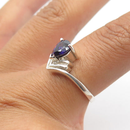 925 Sterling Silver Vintage Real Pear-Cut Amethyst Gem Arrow Ring Size 7.5