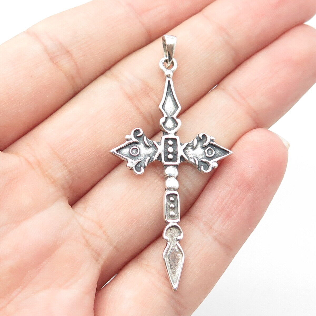 925 Sterling Silver Vintage Swirl Scroll Religious Cross Pendant