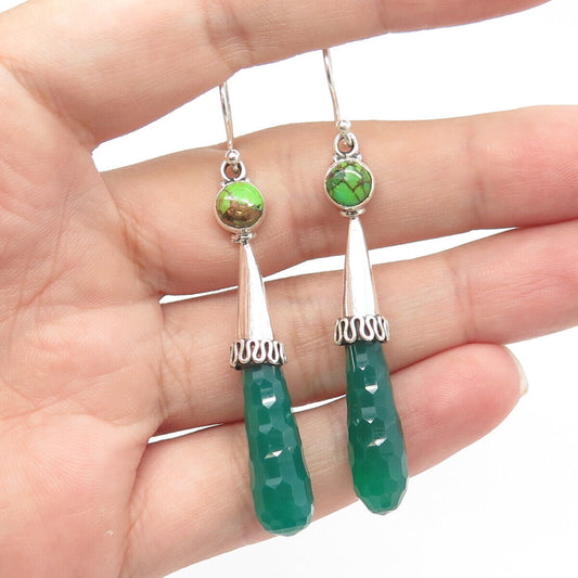 925 Sterling Silver Real Turquoise & Green Chalcedony Dangle Drop Earrings