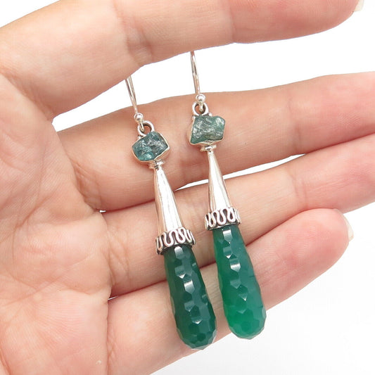 925 Sterling Silver Real Green Chalcedony & Aquamarine Dangle Drop Earrings