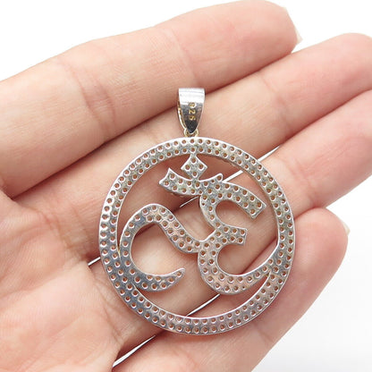 925 Sterling Silver Gold Plated White C Z Hindu "OM" Mantra Round Medal Pendant