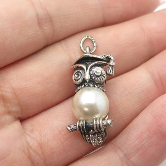 BEAU 925 Sterling Silver Vintage Faux Pearl Owl Professor On Brunch Pendant