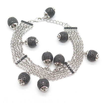 925 Sterling Silver Real Black Spinel Gem Cable Station Link Charm Bracelet 8"