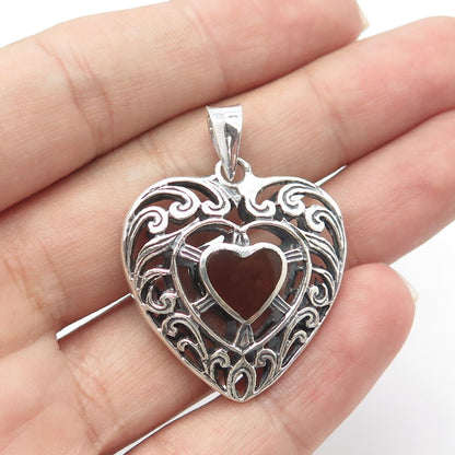 925 Sterling Silver Vintage Real Carnelian & Green Onyx Gem Ornate Heart Pendant