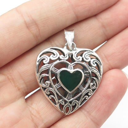 925 Sterling Silver Vintage Real Carnelian & Green Onyx Gem Ornate Heart Pendant