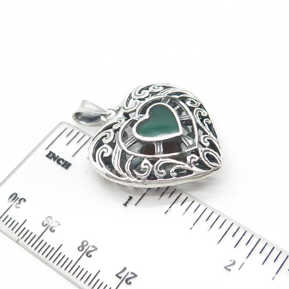 925 Sterling Silver Vintage Real Carnelian & Green Onyx Gem Ornate Heart Pendant