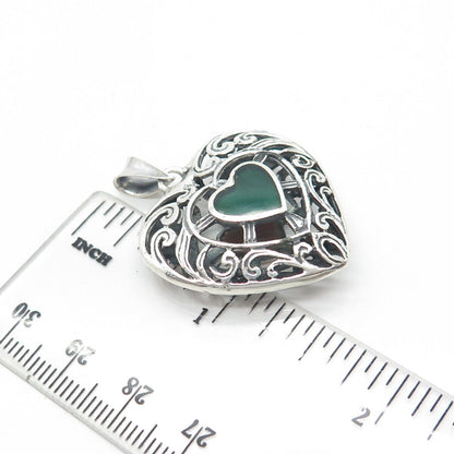 925 Sterling Silver Vintage Real Carnelian & Green Onyx Gem Ornate Heart Pendant