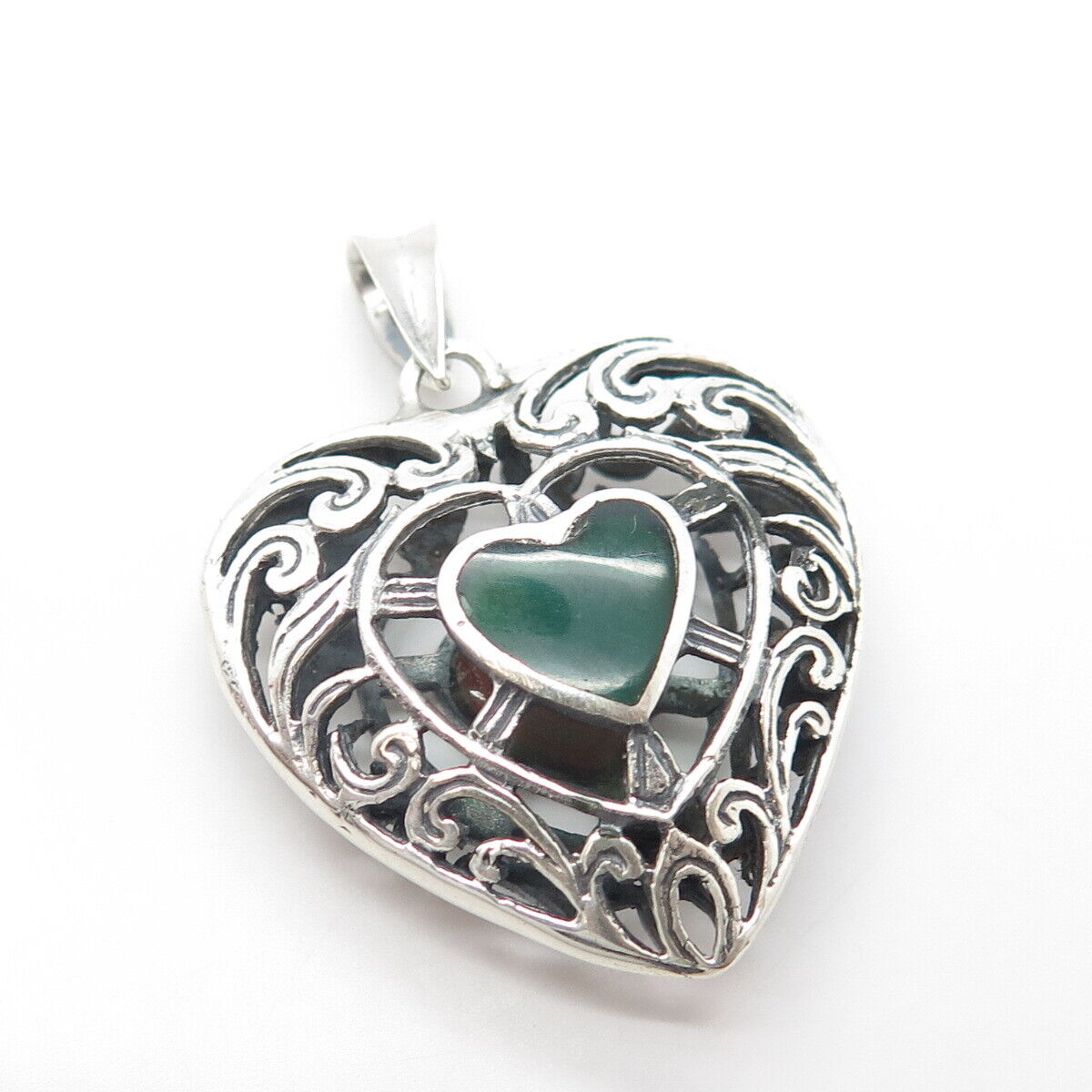 925 Sterling Silver Vintage Real Carnelian & Green Onyx Gem Ornate Heart Pendant