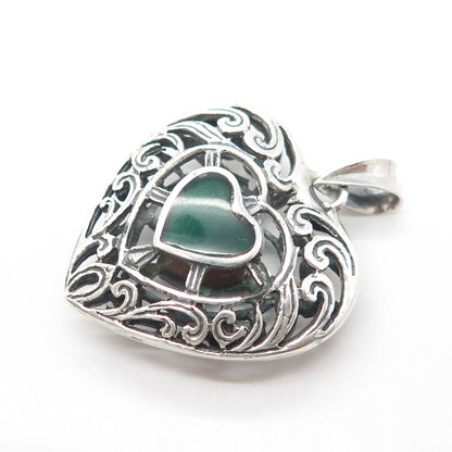 925 Sterling Silver Vintage Real Carnelian & Green Onyx Gem Ornate Heart Pendant