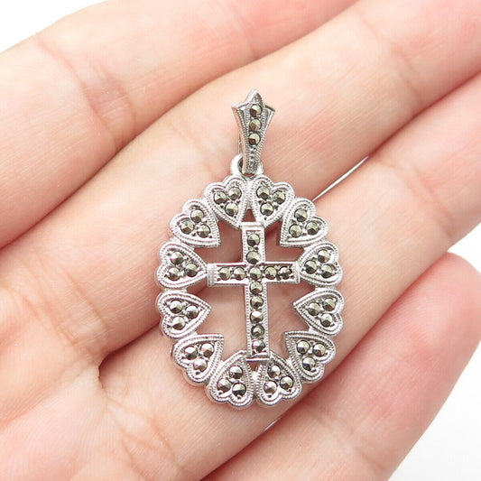 925 Sterling Silver Antique Art Deco Real Marcasite Gem Heart Cross Oval Pendant